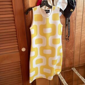 Lesly Evers retro print shift dress. Medium yellow/white sleeveless
